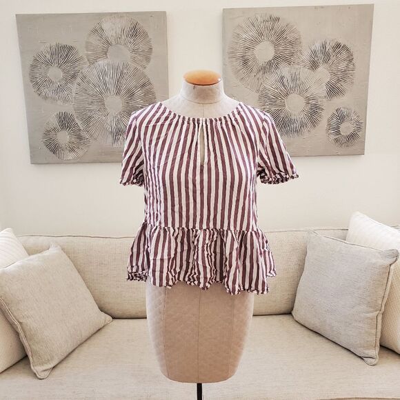 🌞 Madewell 🌞 'Stanza' Ruffle-Hem Stripe Top - [Small in Berry/White Stripe] - Picture 7 of 15